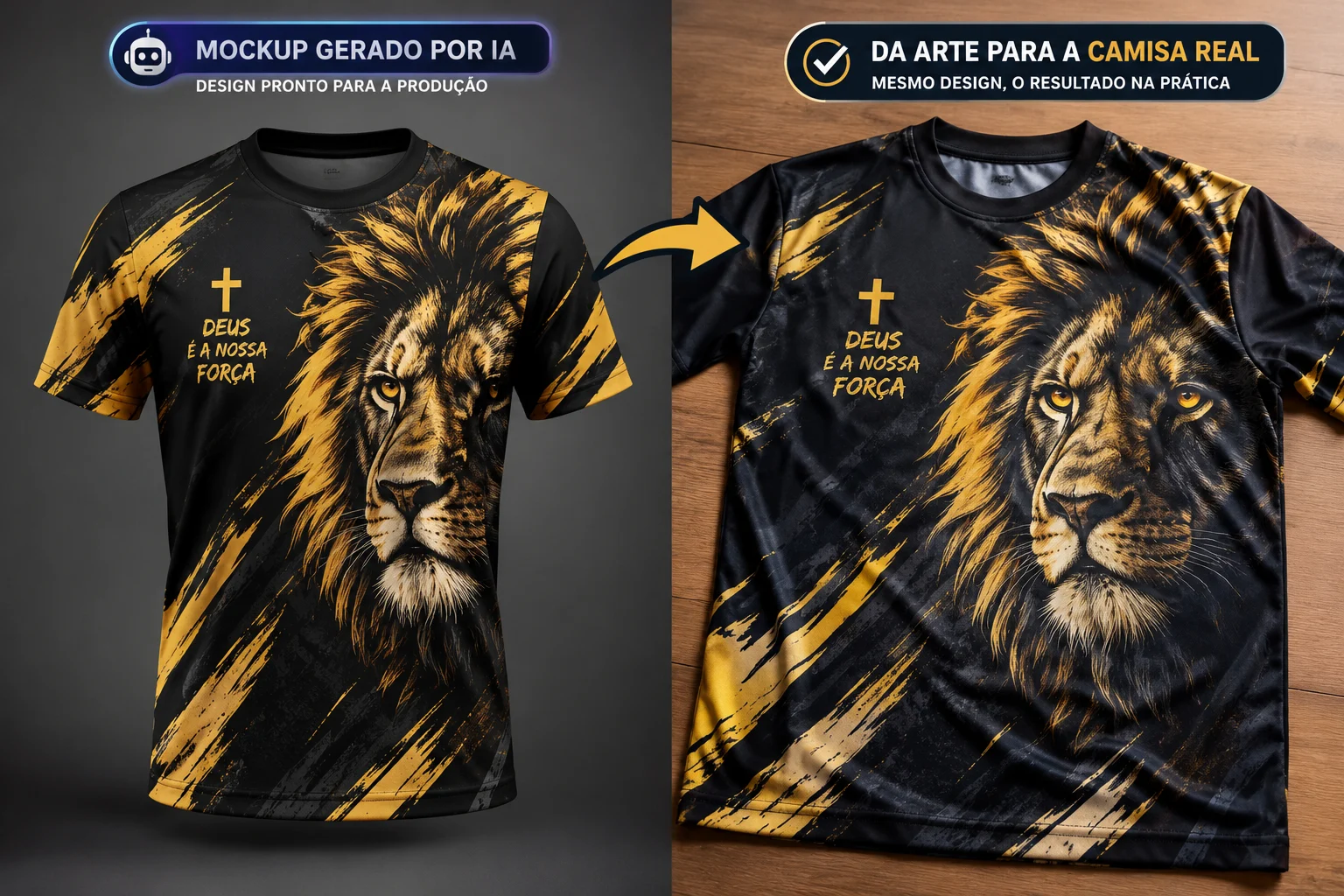 Comparação: mockup de camisa gerado por IA e a mesma arte produzida na camisa real